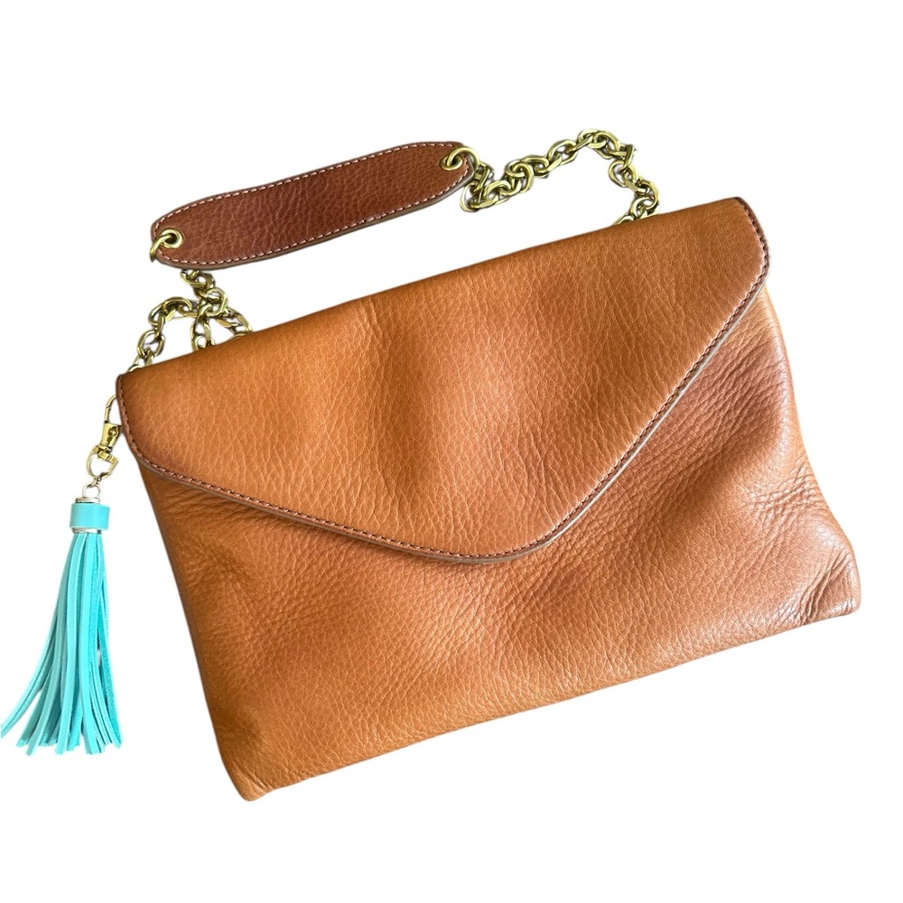 J Crew Leather Envelope Shoulder Clutch in Tan with Chain soft leather